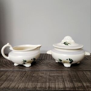 Vintage Homer Laughlin Nautilus Grey Gardenia Footed Sugar Bowl Lid Creamer Set